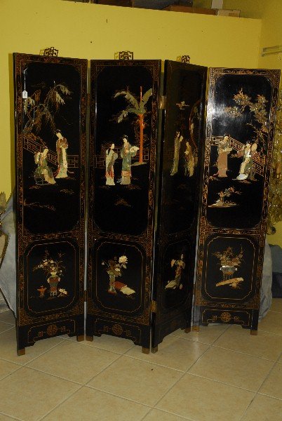 Chinese 4 panel floor screen with mother of pearl and (1 of 5)