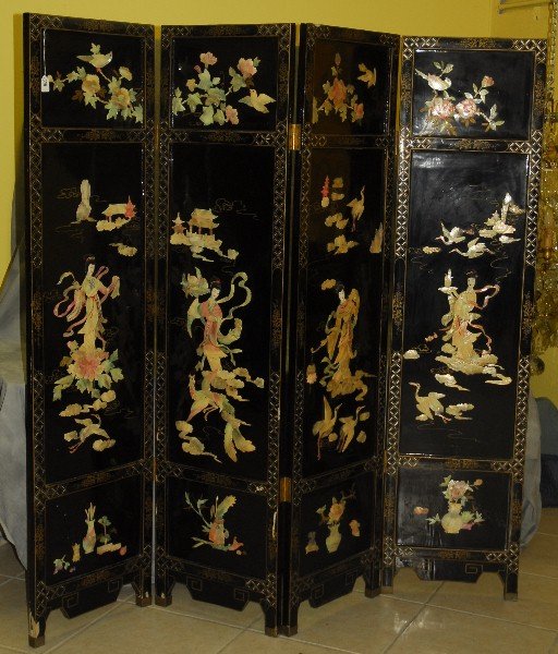 Chinese 4 panel floor screen with mother of pearl and (1 of 5)
