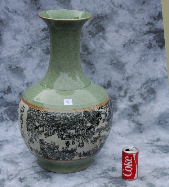 Large Chinese export celedon crackle glaze and black an: Large Chinese export celedon crackle glaze and black and white decorated vase with calligraphy. H: 26"