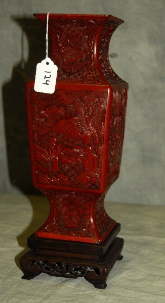 18th c Chinese carved cinnabar lacquer vase on carved: 18th c Chinese carved cinnabar lacquer vase on carved hardwood stand 14"