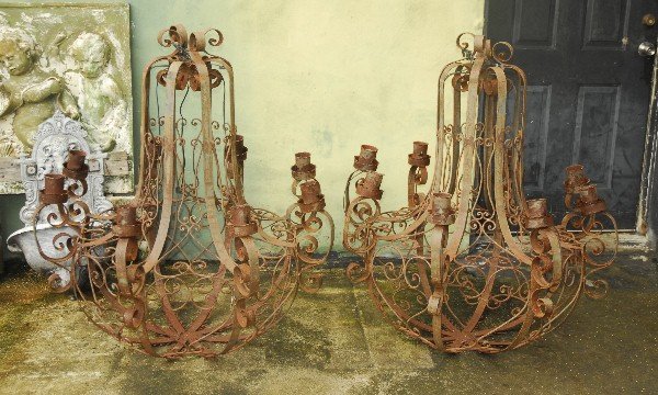 Pair of antique iron seven-light chandelier H: 46" x: Pair of antique iron seven-light chandelier H: 46" x 40"