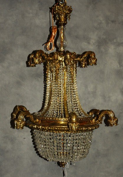 Bronze and crystal 17 light basket-form chandelier H:: Bronze and crystal 17 light basket-form chandelier H: 44" D: 30"