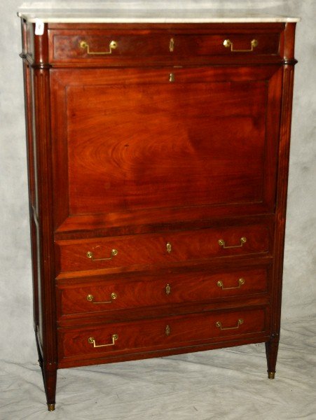 18th c Louis XVI style secretaire abbatant H: 55 5": 18th c Louis XVI style secretaire abbatant H: 55 5" W: 37 5" D: 15"