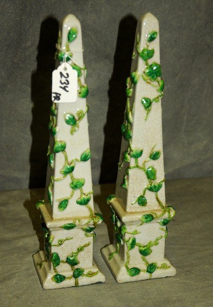 Pair of Belleek style porcelain obelisks 13": Pair of Belleek style porcelain obelisks 13"