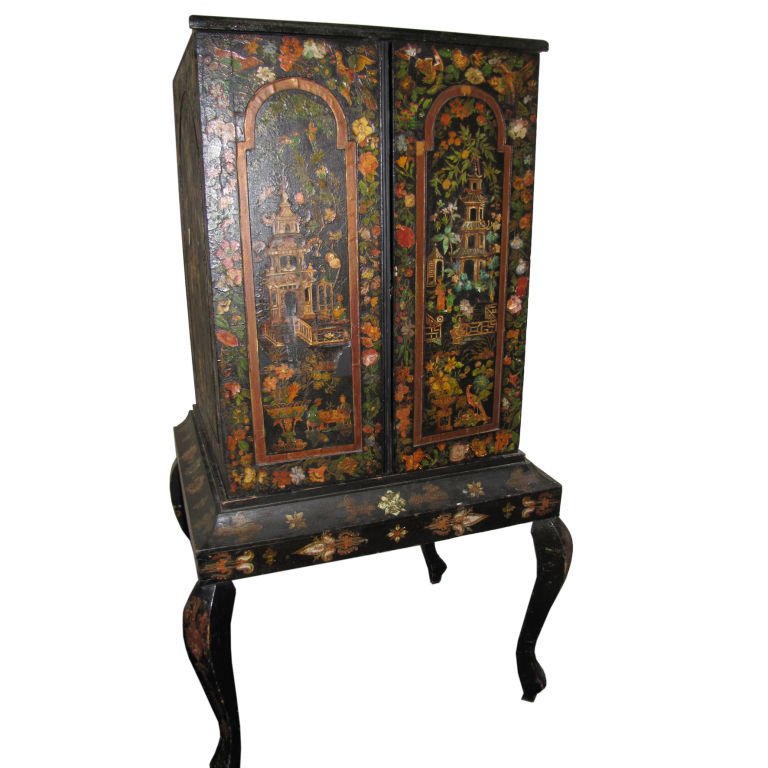 English black lacquer and decoupage decorated cabinet: English black lacquer and decoupage decorated cabinet on stand H: 64" W: 33" D: 28"