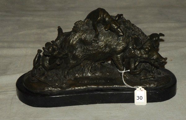 Bronze figural group of dog hunting wild boar raised on (1 of 4)