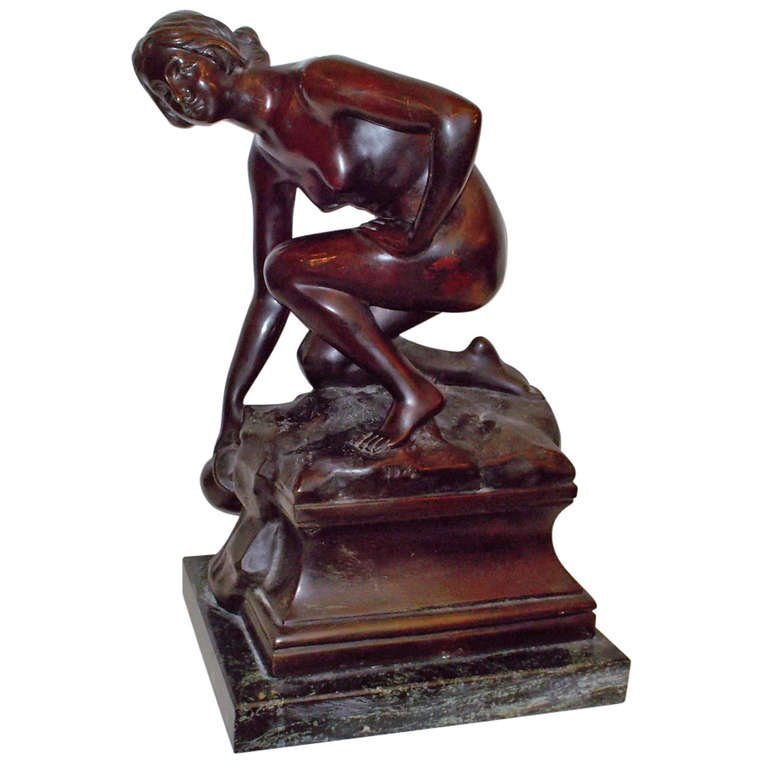 Fine 20th c. Bronze of Rebecca at the Well, signed in: Fine 20th c. Bronze of Rebecca at the Well, signed in the cast, on a green marble base. Modeled as a classical nude female figure of Rebecca kneeling at a running well collecting water in an urn. H:18