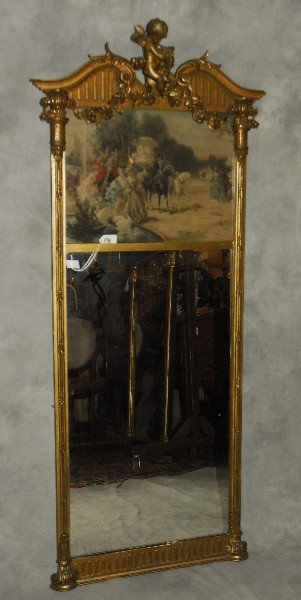 Trumeau mirror with watercolor and the top with carved: Trumeau mirror with watercolor and the top with carved putti and garland. H:56" W:23"