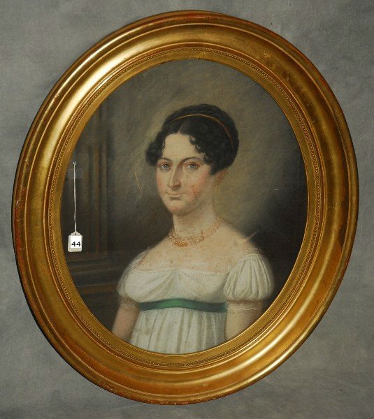 19th C oval pastel portrait of a woman in a giltwood: 19th C oval pastel portrait of a woman in a giltwood frame. H:32.5" W:28.25".