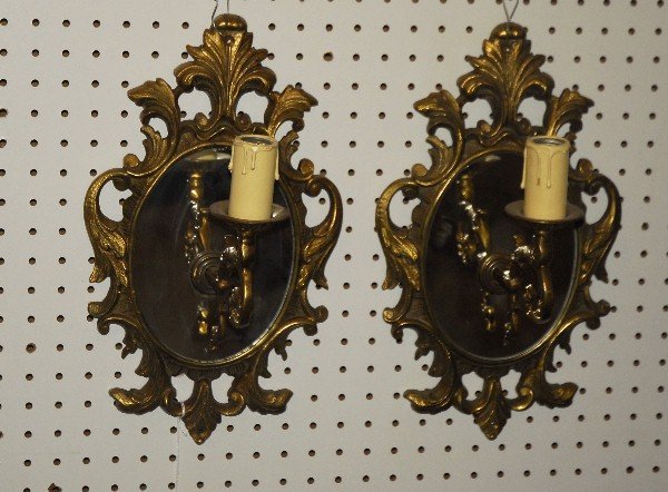 Pair bronze mirror back single light wall sconces. (1 of 2)