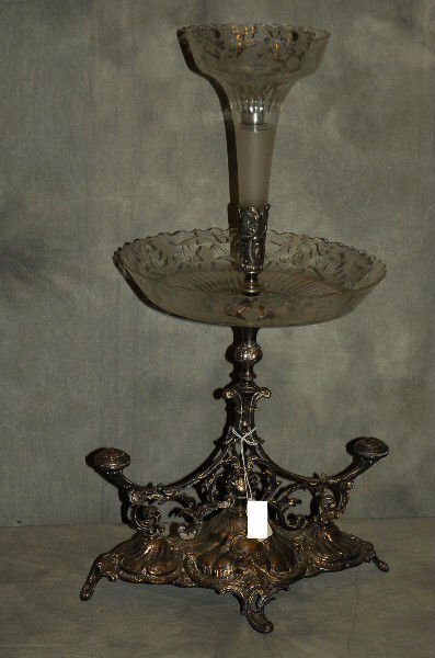 Silverplated and etched glass Epergne. H:23" D:14" (1 of 3)