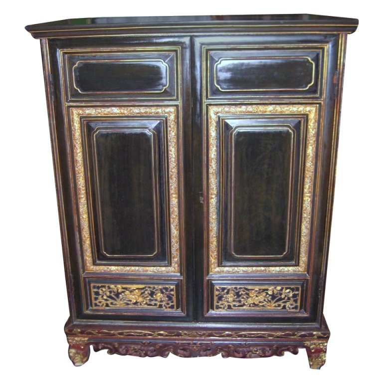 Chinese black laquered 2-door cabinet on stand. H:52.5" (1 of 5)