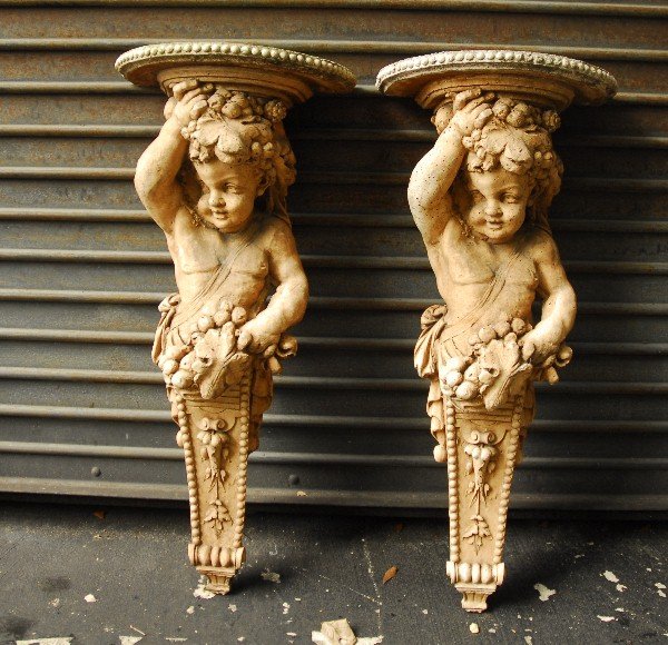 Pair of cast stone figural Baccante brackets. H:33" (1 of 4)