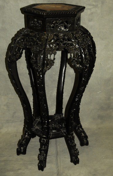 Large 19th C Chinese carved hardwood marble top table (1 of 5)
