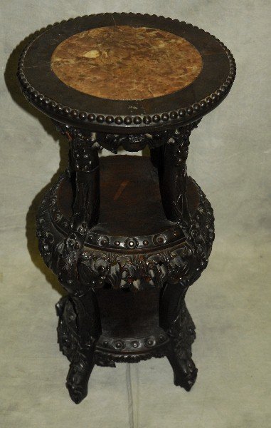 19th C Chinese carved hardwood marble top 3 tier table. (1 of 3)