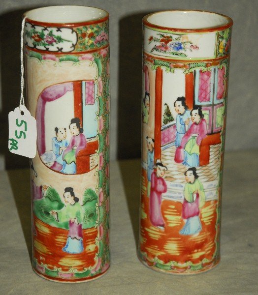 Pair 19th C Chinese Rose Medallion porcelain vases.: Pair 19th C Chinese Rose Medallion porcelain vases. H:9"