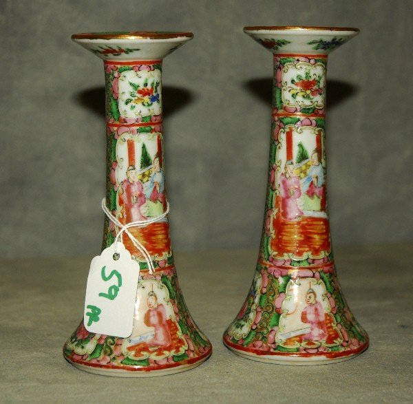 Pair antique Chinese Rose Medallion porcelain candle: Pair antique Chinese Rose Medallion porcelain candle sticks. H:6.25"