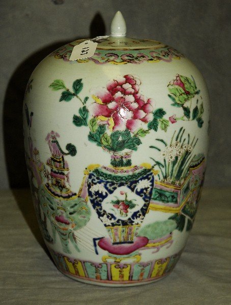53. Antique Chinese enameled porcelain covered ginger: 53. Antique Chinese enameled porcelain covered ginger jar 11 5" x 8"
