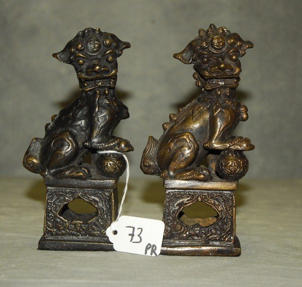 57. Pair of Chinese bronze Foo Dogs H: 6 75" (1 of 1)