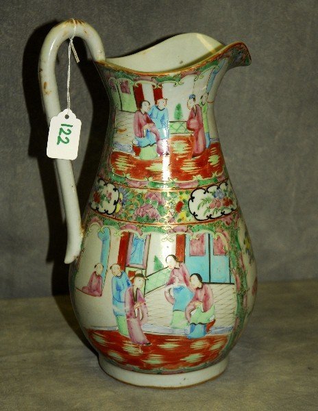82. Antique Chinese Rose Medallion porcelain pitcher.: 82. Antique Chinese Rose Medallion porcelain pitcher. H:13.25"