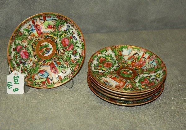88. 6 antique Chinese rose medallion porcelain saucers.: 88. 6 antique Chinese rose medallion porcelain saucers. D:5"