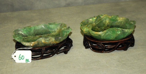 92. Pair 19th C Chinese quartz brush washers on carved (1 of 1)