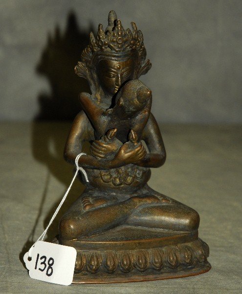 138. Antique Tibetan bronze seated figure, signed: H: (1 of 5)