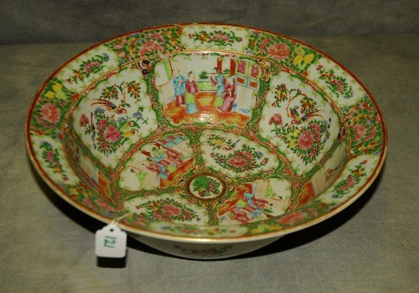 142. Large 19th C Chinese Rose Medallion porcelain: 142. Large 19th C Chinese Rose Medallion porcelain punch bowl. H:5.25" D:16"
