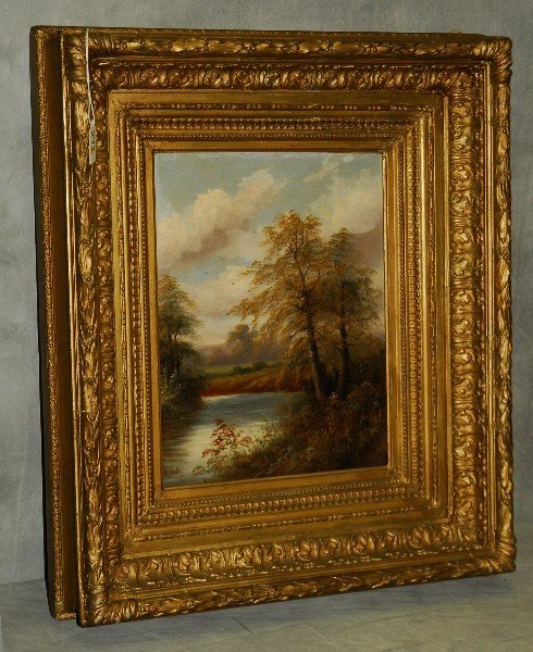 224. 19th C Oil on panel of landscape signed lower left (1 of 2)
