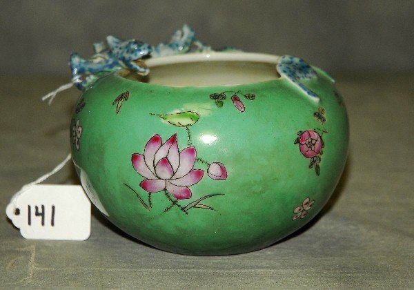 Antique Chinese porcelain bowl with applied dragon and: Antique Chinese porcelain bowl with applied dragon and bat marked China on bottom. H:3.75" D:5.75"
