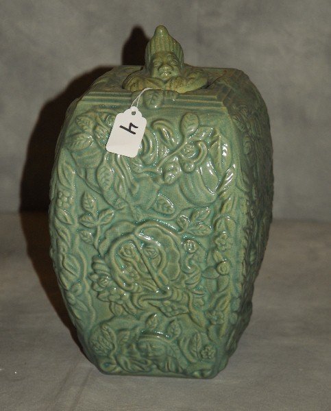 Chinese celadon porcelain covered jar with figural (1 of 3)