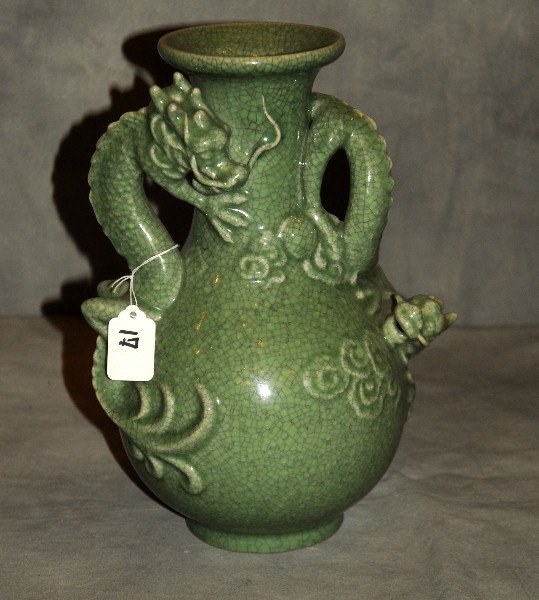 Chinese celadon crackle glaze porcelain vase with (1 of 3)