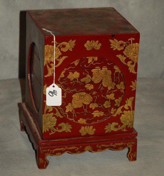 Chinese red and gilt lacquer stack boxes on stand. H: (1 of 3)