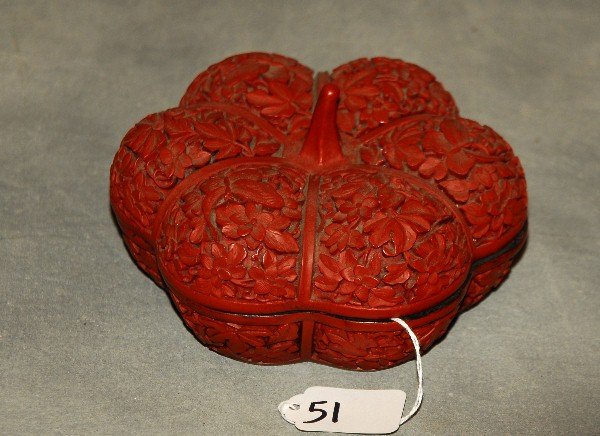 Chinese cinnabar covered box. H: 3.5" D: 6" (1 of 3)