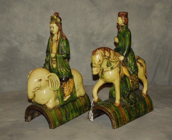 Pair of Chinese glazed terracotta roof tiles. H: 17.5: Pair of Chinese glazed terracotta roof tiles. H: 17.5