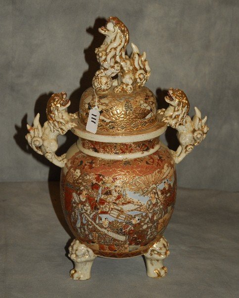 Japanese Satsuma covered jar with Foo dogs. H: 19" D: (1 of 4)