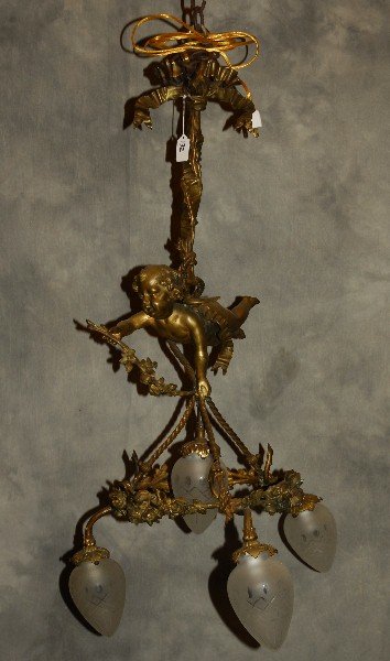 19th c. Bronze four-light chandelier with cupid. H: 37" (1 of 5)