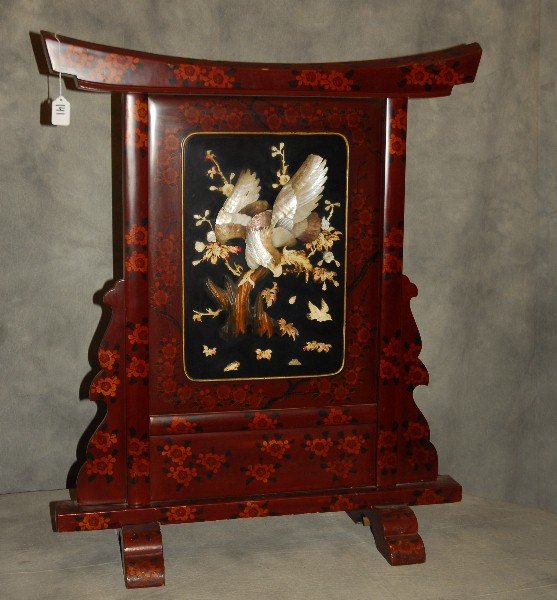 Chinese bone mother-of-pearl and lacquer table screen: Chinese bone mother-of-pearl and lacquer table screen in high relief. H: 34.75" W: 28.5" D:10.5"