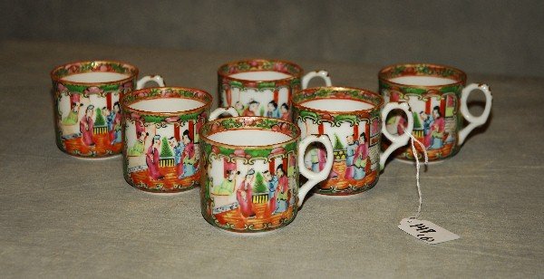 6 antique Chinese rose medallion cups.: 6 antique Chinese rose medallion cups.