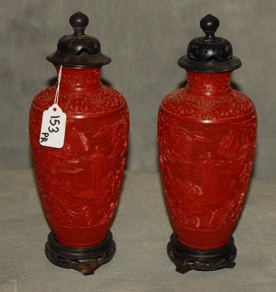 Pair of antique cinnabar vases with carved hardwood (1 of 3)