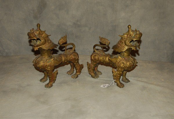 Pair of Chinese bronze Foo dogs. H: 13" W: 11" D: 5" (1 of 2)