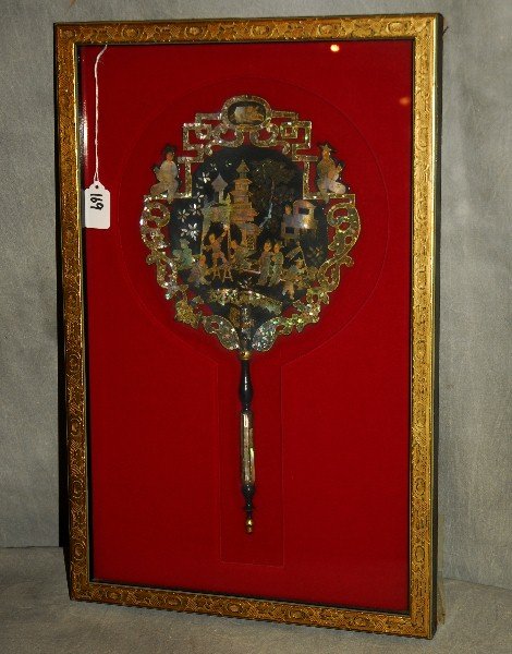 19th c. Chinese chinosserie and mother-of-pearl fan in: 19th c. Chinese chinosserie and mother-of-pearl fan in a shadow box frame. H: 21.75" W: 14"