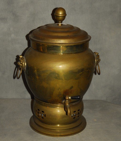 Antique Chinese brass samovar. H: 21" D: 15": Antique Chinese brass samovar. H: 21" D: 15"