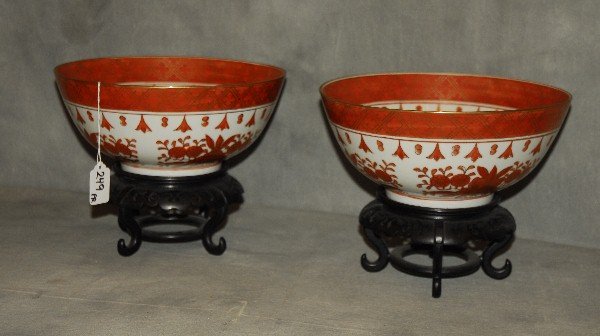2 Japanese porcelain bowls on hardwood stands. Overall:: 2 Japanese porcelain bowls on hardwood stands. Overall: H: 8" D: 10"