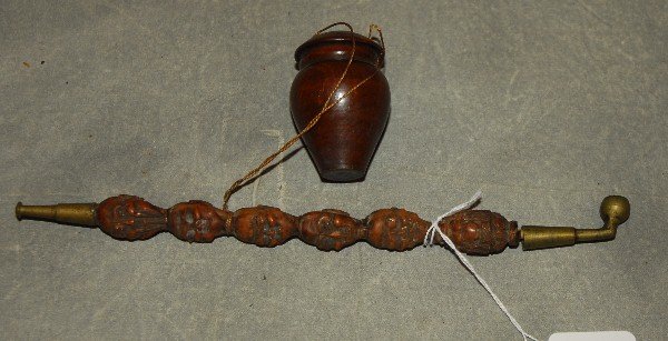 Chinese carved wood opium pipe with carved wood storage (1 of 1)