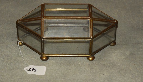 Brass and glass hinged hexagonal box. H: 3.5" W: 8.5" (1 of 2)