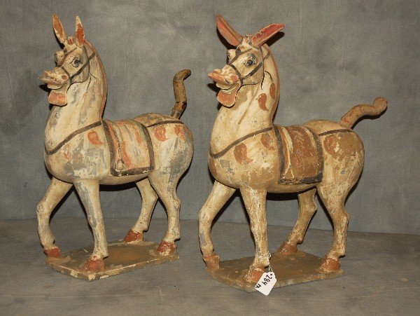 Pair of Chinese terracotta Tang Dynasty style Bakhtiari: Pair of Chinese terracotta Tang Dynasty style Bakhtiari horses. H: 20" W: 17" D: 6"