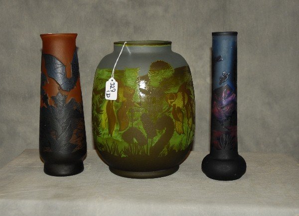 3 Galle style art glass vases. Tallest: 12": 3 Galle style art glass vases. Tallest: 12"
