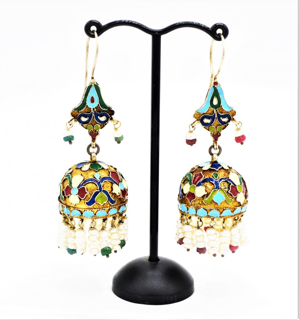 RARE PAIR OF ANTIQUE MUGHAL STYLE ENAMEL SILVER EARRING (1 of 2)