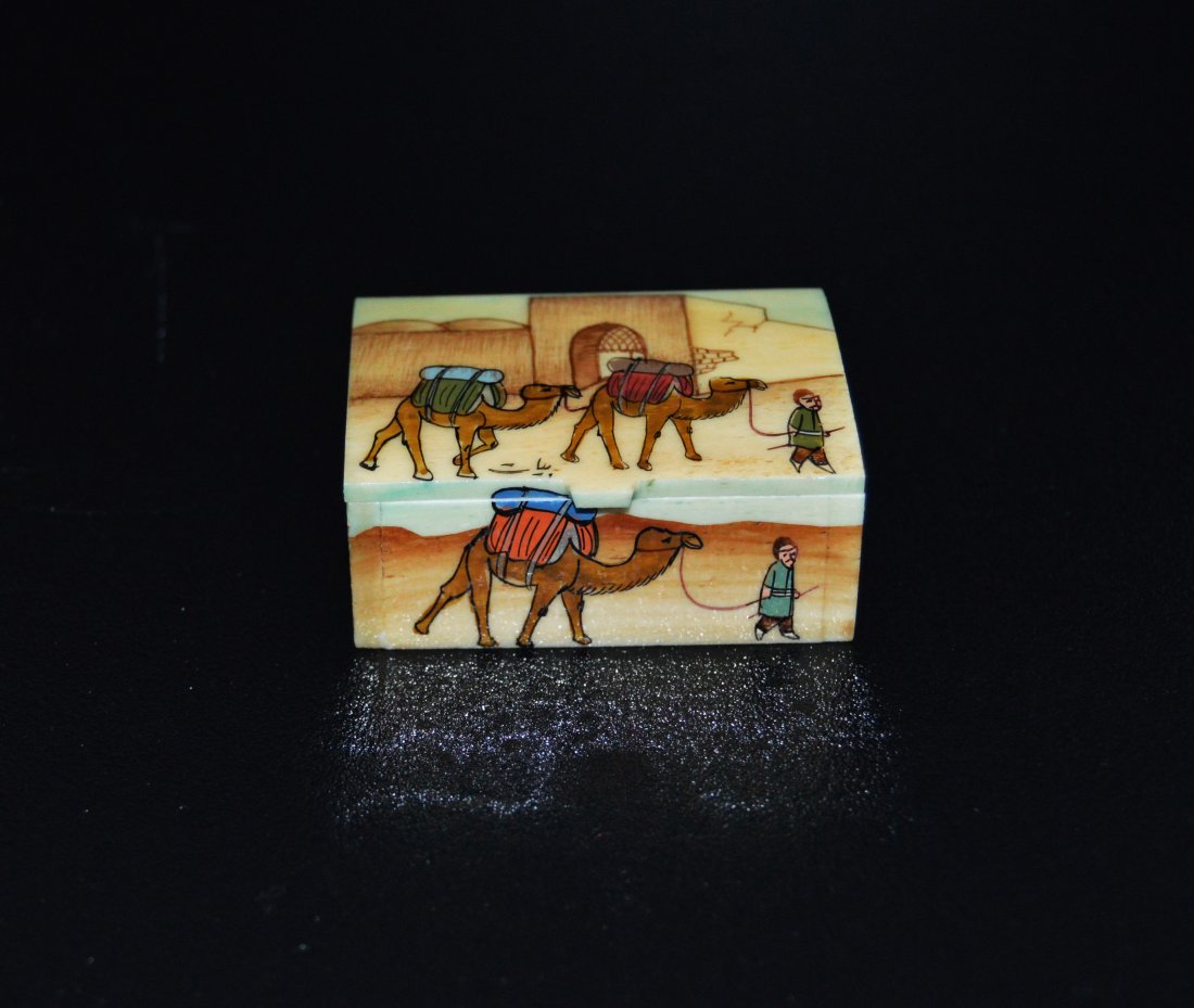 A MIDDLE EASTERN STYLE ENAMEL PAINTED CAMEL BONE BOX: A MIDDLE EASTERN STYLE ENAMEL PAINTED CAMEL BONE BOX.A Camel Bone Enamel Painted Box , Probably made for some Middle Eastern Country , While Having A Scene of a Man in Desert , Having Beautiful Images